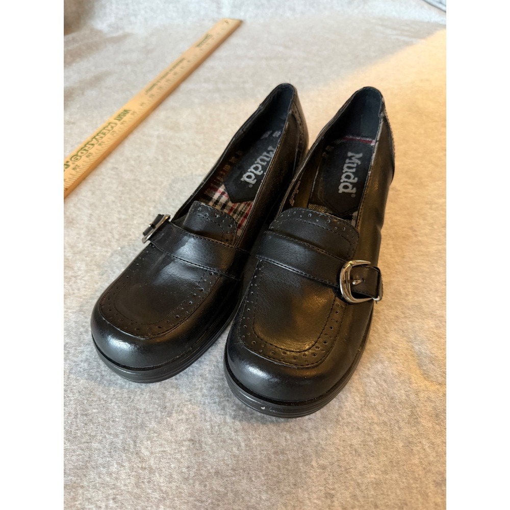Mudd Black Chunky Heel Loafers Womens 8.5 M Buckle Square Toe Plaid Wingtip Shoe